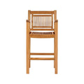 Front view of a natural teak solid-wood outdoor bar stool in coastal-contemporary style, featuring a slatted seat and slatted back, square armrests and straight stretchered legs.