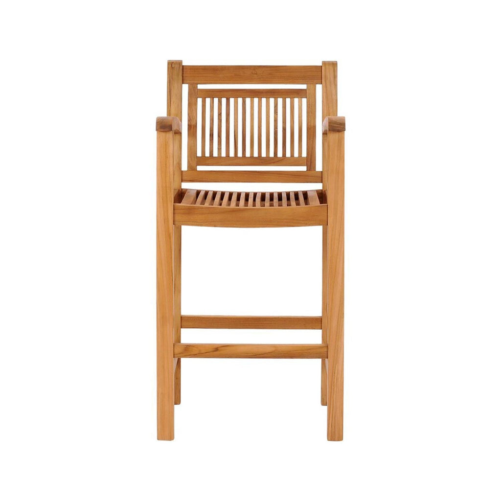 Front view of a natural teak solid-wood outdoor bar stool in coastal-contemporary style, featuring a slatted seat and slatted back, square armrests and straight stretchered legs.