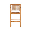 Front view of a natural teak solid-wood outdoor bar stool in coastal-contemporary style, featuring a slatted seat and slatted back, square armrests and straight stretchered legs.
