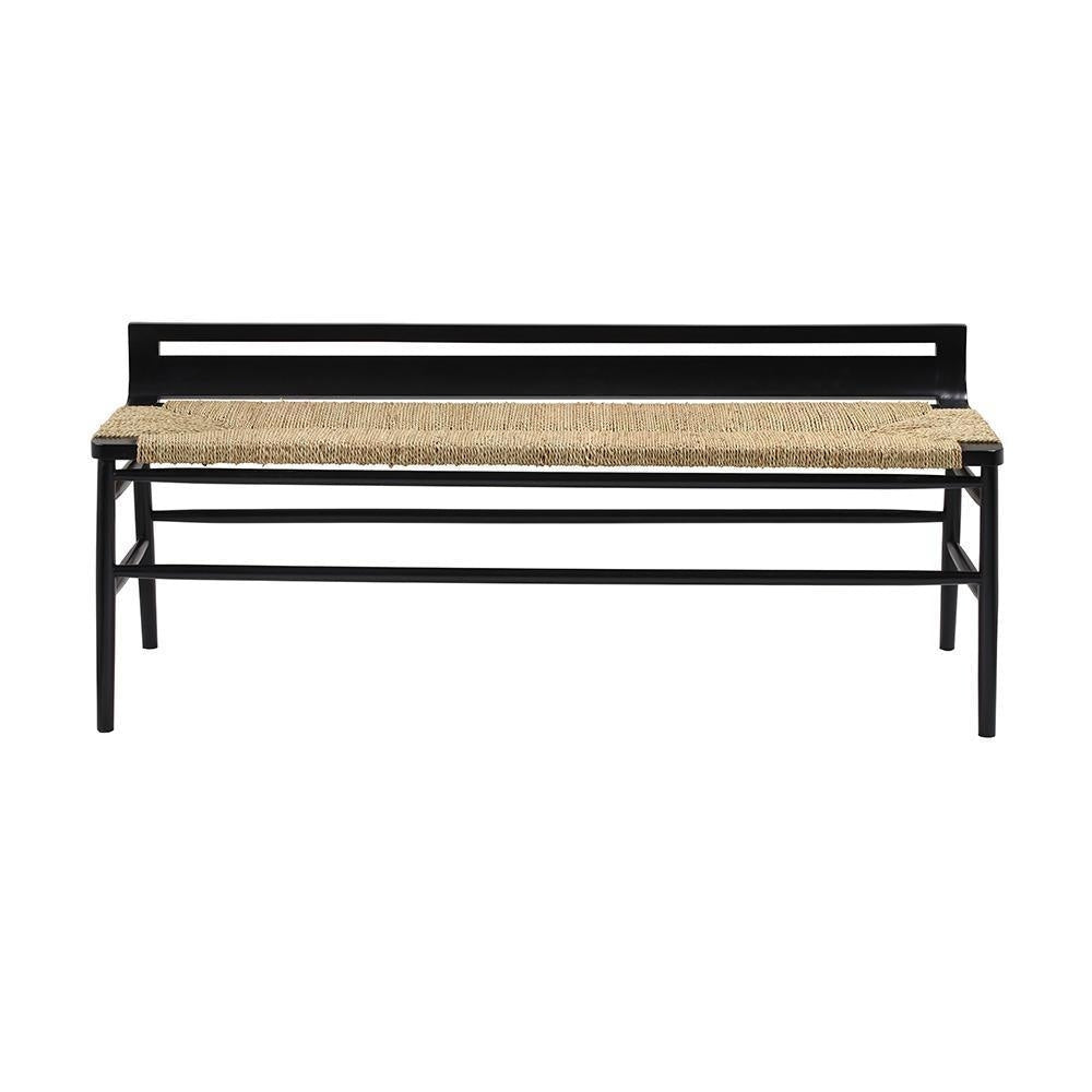 Modern bench with a mahogany blackwash frame and natural woven rope seat, featuring a low slotted backrest, tapered legs and double stretchers for support.