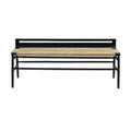 Modern bench with a mahogany blackwash frame and natural woven rope seat, featuring a low slotted backrest, tapered legs and double stretchers for support.