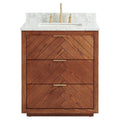 30-inch freestanding solid wood bathroom vanity with chevron-pattern drawer fronts in warm brown, white stone countertop and backsplash, undermount sink, and brushed brass faucet with slim brass pulls.