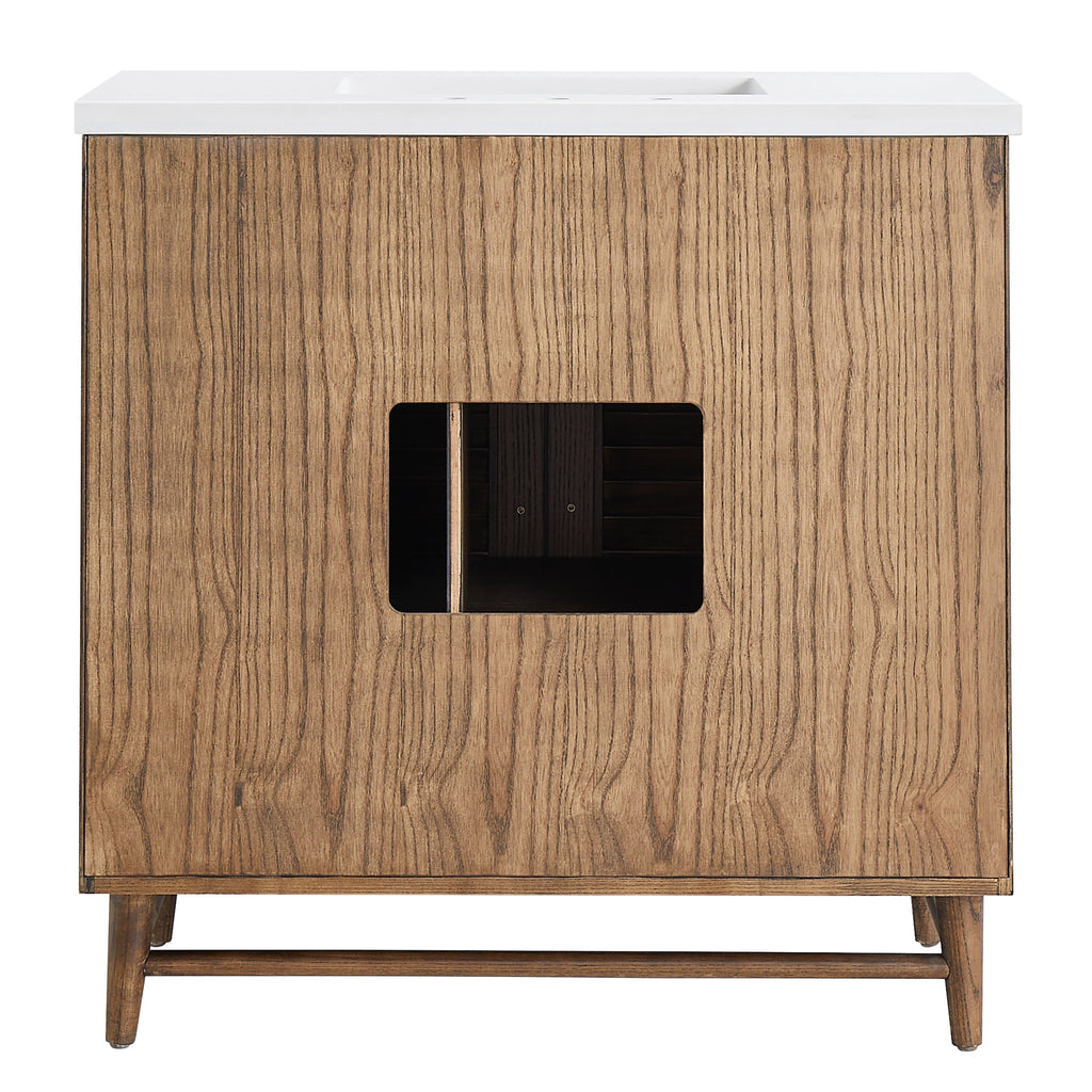 36-inch walnut bathroom vanity with natural wood grain, tapered legs and stretcher, pure white quartz top with rectangular undermount sink and 8-inch widespread faucet holes, and centered rectangular cutout for plumbing access.