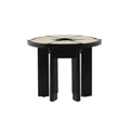 Round mid-century modern side table with a black gloss wooden frame and natural cane inset top divided into radial panels, supported by multiple vertical black legs.