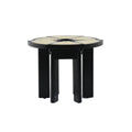Round mid-century modern side table with a black gloss wooden frame and natural cane inset top divided into radial panels, supported by multiple vertical black legs.