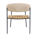 Front view of a coastal-contemporary dining chair with a beige rush-woven backrest, slatted teak seat and slender black metal frame and legs on a white background.