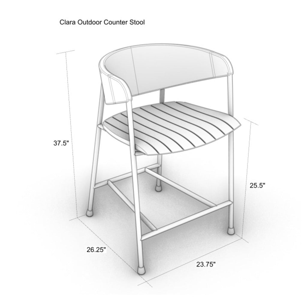 Angled technical illustration of a counter stool with a sculpted teak slatted seat, rush-woven curved backrest and metal frame, shown with dimensions: 37.5 in overall height, 25.5 in seat height, 26.25 in depth, 23.75 in width.