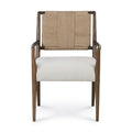 Front view of a natural wood dining armchair with a tan woven rope back and a light beige upholstered seat, sculpted mid-century–inspired frame with tapered legs and curved armrests.