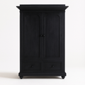 Tall modern black solid wood wardrobe with two arched-panel doors, two lower drawers, round black knobs, crown molding top and turned feet, shown against a white background.
