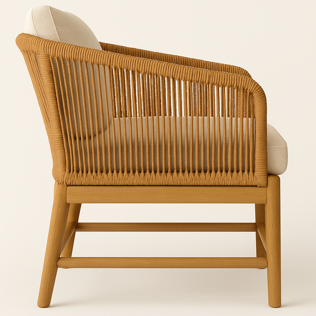 Side view of an outdoor club chair with a natural teak frame, woven rope back and sides, and cream fabric seat and back cushions.