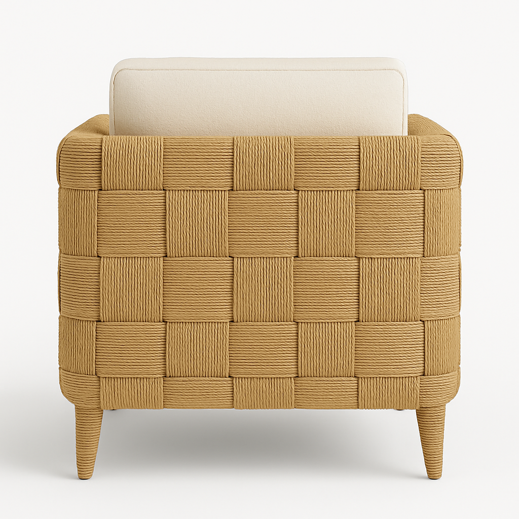 Back view of a natural woven resin rattan outdoor lounger showing wide wicker straps, tapered legs, and a cream fabric back cushion.
