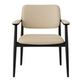 Front view of a modern dining chair with beige leather upholstered seat and back, black inked-oak wood frame with tapered legs, and padded beige armrests.