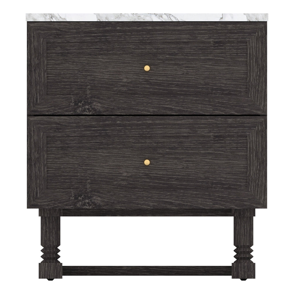Front view of a black wooden two-drawer nightstand with a white marble top, framed drawer fronts, centered round gold knobs, and turned legs connected by a stretcher.