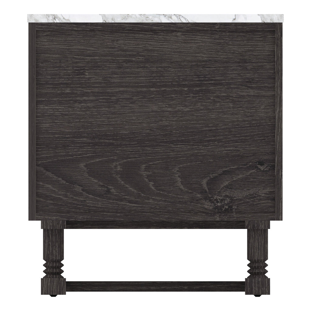 Front-facing black wooden nightstand with visible dark wood grain, white marble top with gray veining, turned legs and a stretcher base in a contemporary glam style.