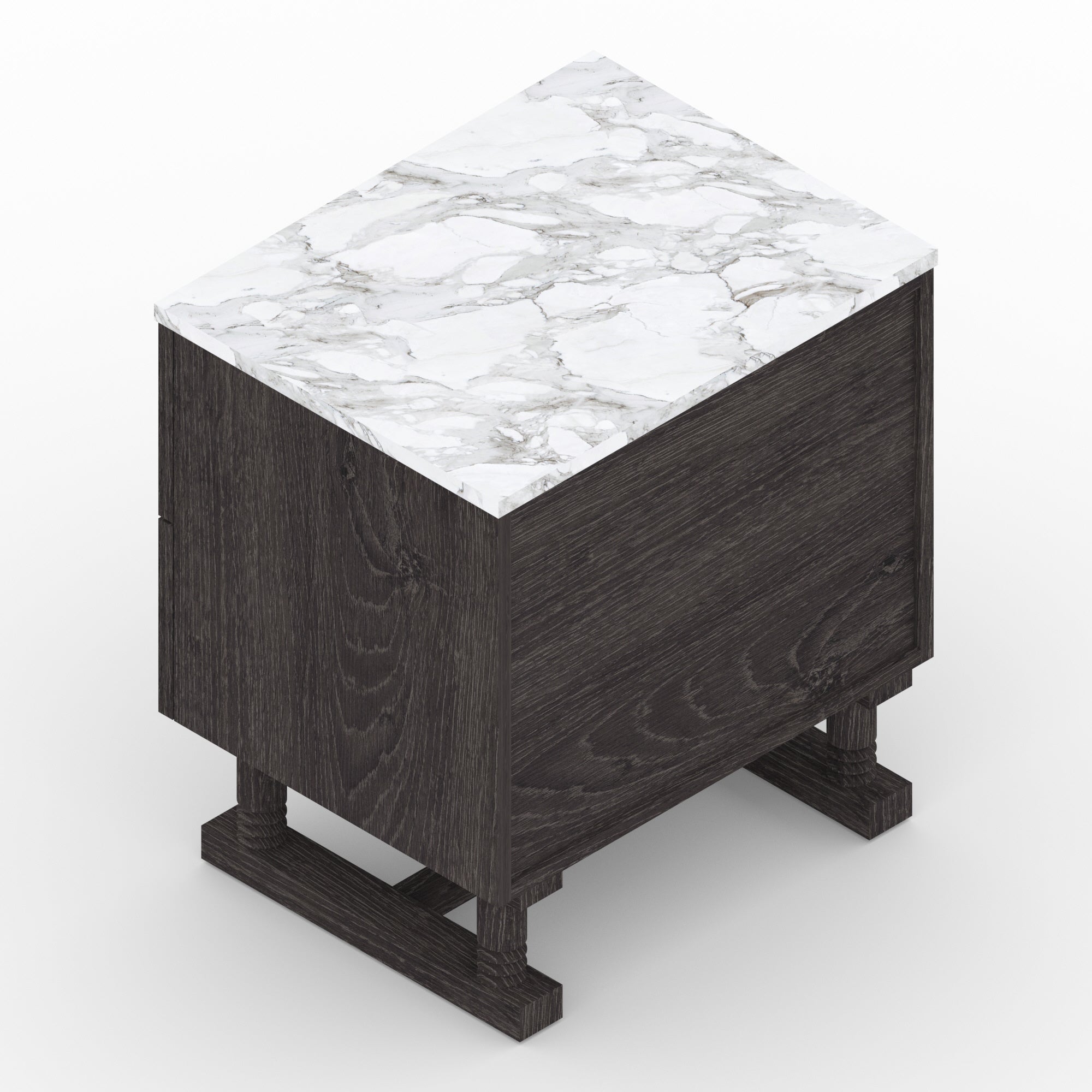 Isometric view of a black wooden nightstand with a white veined marble top, two drawers and a raised sled-style wooden base, shown against a white background in a contemporary glam style.