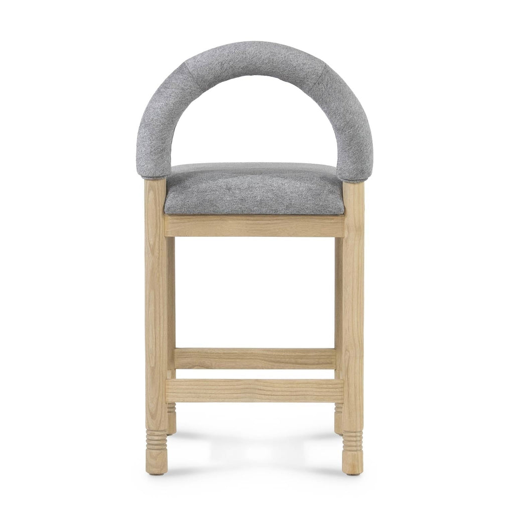 Front view of a stool with a natural oak frame and light gray boucle upholstered seat and rounded padded arch back, featuring straight legs and dual footrest rails.