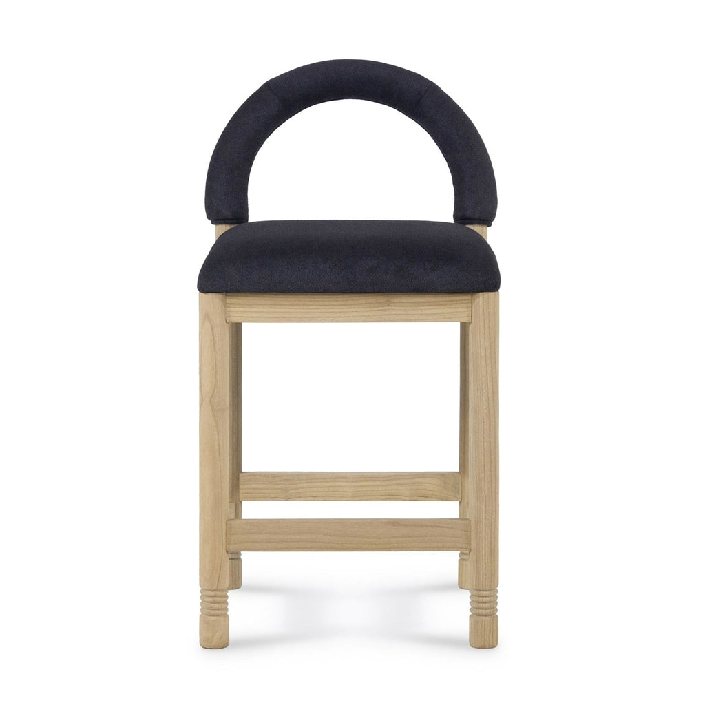 Front view of a counter-height stool with a natural oak frame and turned legs, featuring a charcoal boucle upholstered seat and rounded padded backrest on a white background.