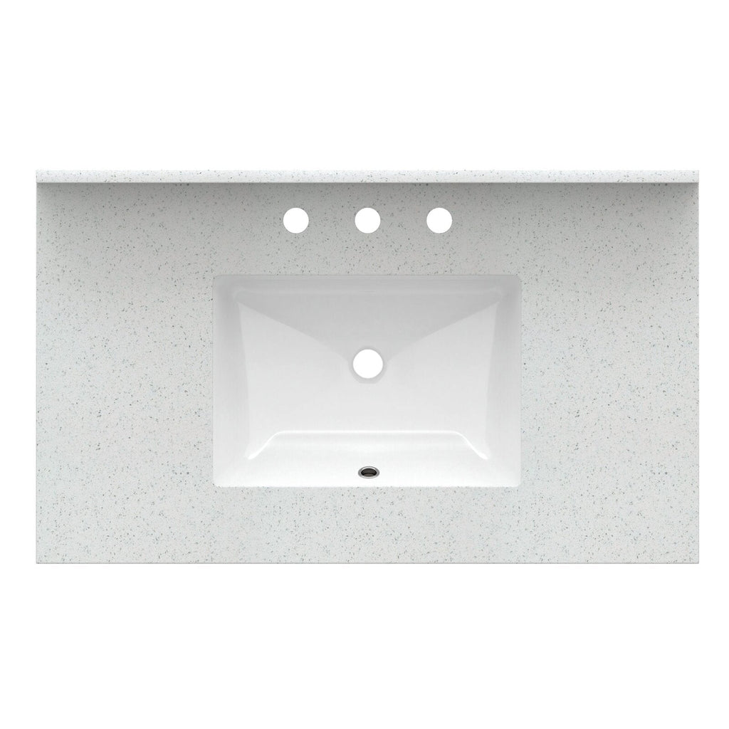 Top-down view of a stone-colored countertop with a white rectangular ceramic sink, three pre-drilled faucet holes above the basin and a center drain, shown for a modern 37-inch single-sink bathroom vanity.