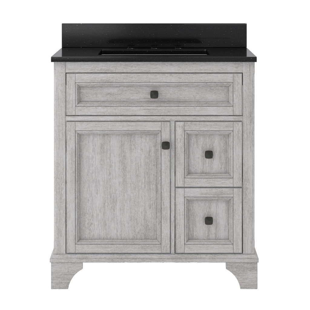 31-inch freestanding single-sink vanity with a black quartz countertop and integrated rectangular sink; solid wood weathered-gray cabinet with a full-width top drawer, one large door, two stacked side drawers and dark square knobs.