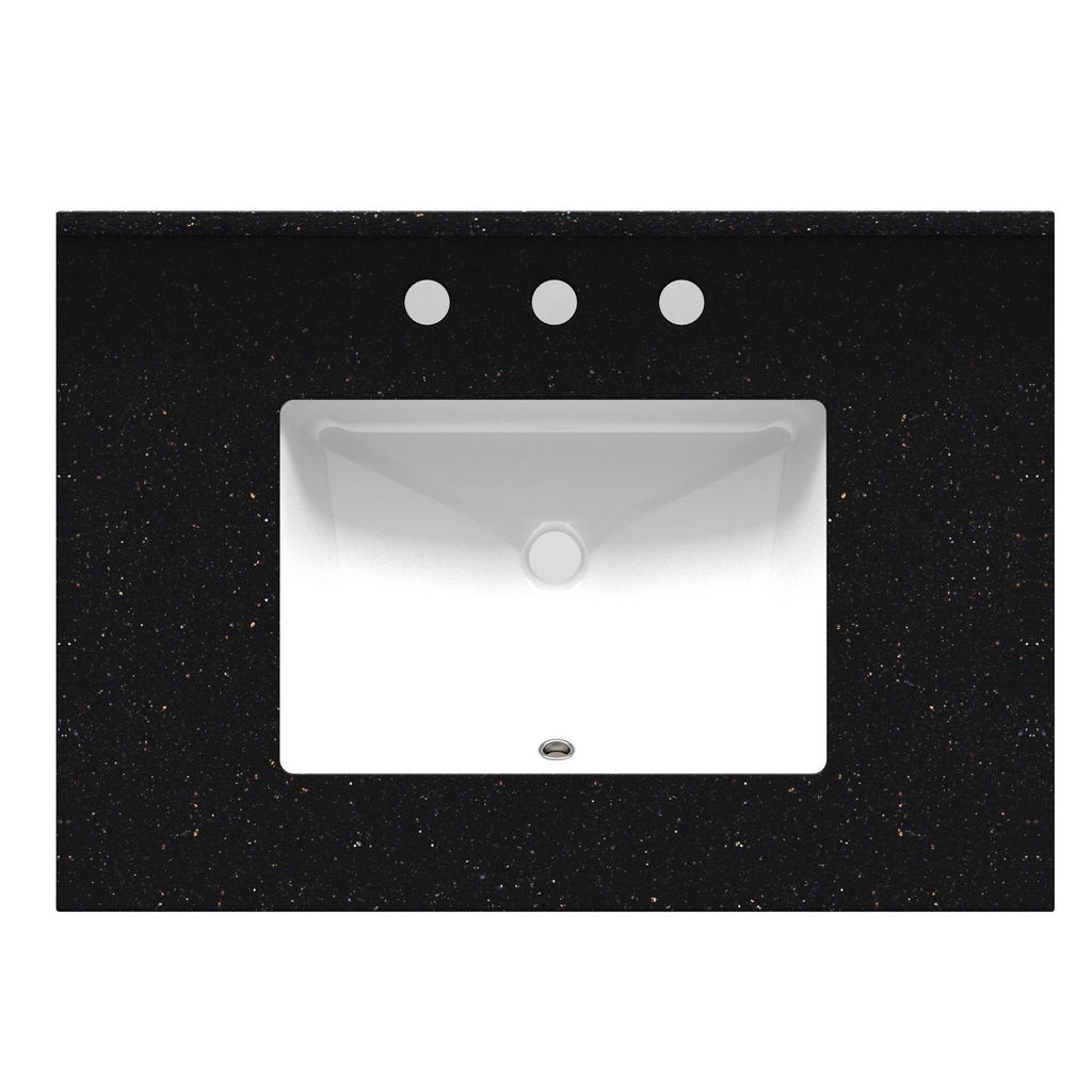 Top-down view of a black quartz vanity top with subtle metallic flecks and a rectangular white ceramic undermount sink, featuring three predrilled faucet holes and a center drain for a modern bathroom vanity.