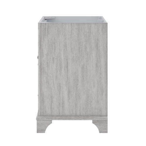 Side view of a modern solid wood freestanding bathroom vanity in a light gray wood finish, showing the open top cavity and decorative arched base feet.