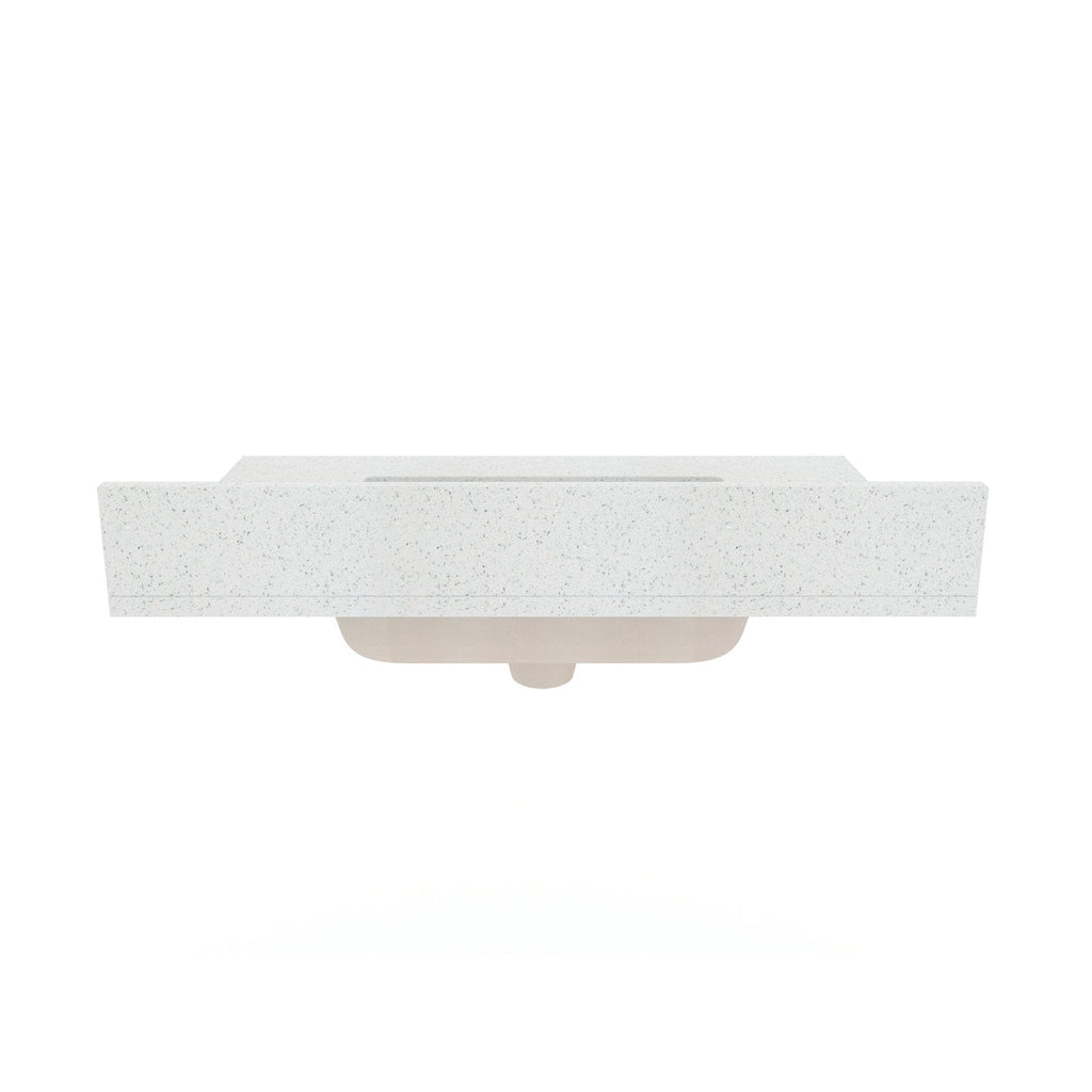 Top-front view of a modern white speckled quartz vanity top with a rectangular integrated sink and a visible ceramic undermount basin against a white background.