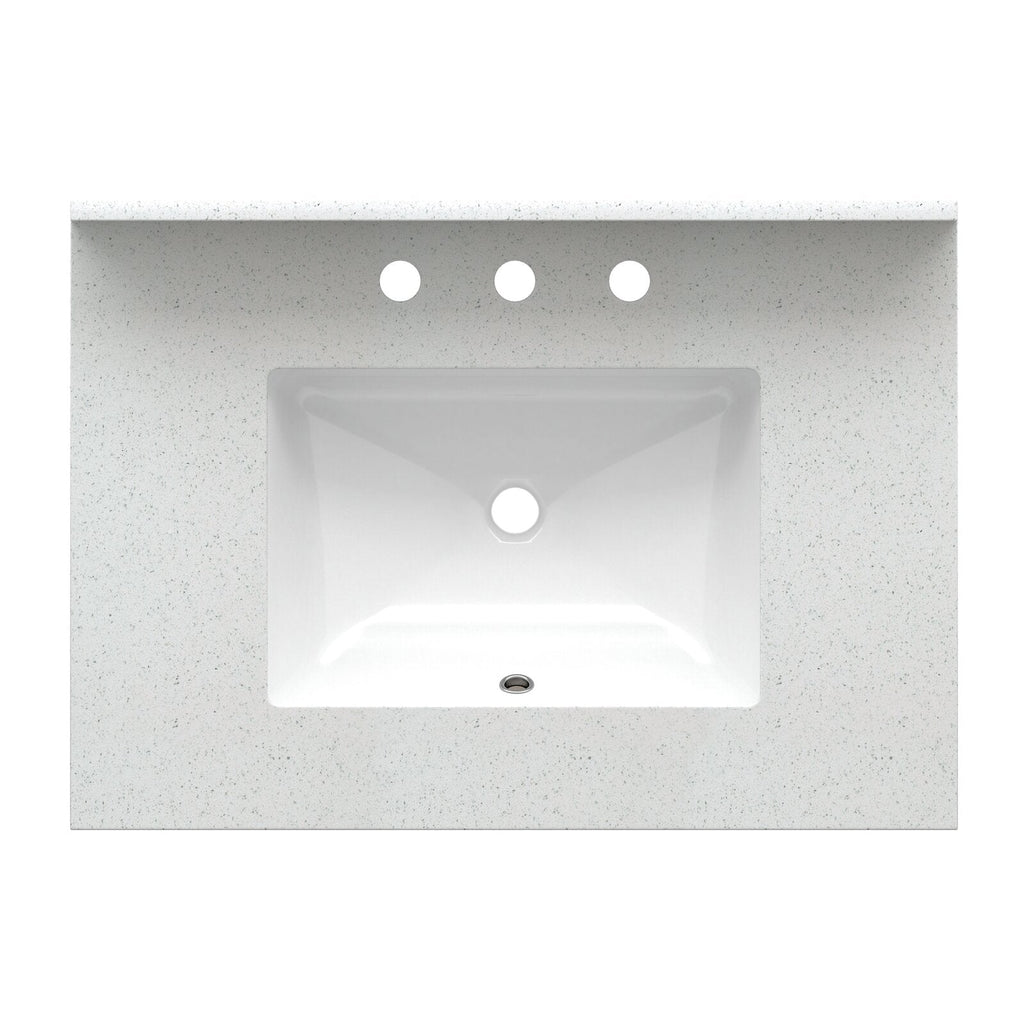 Top-down view of a white quartz vanity top with subtle speckling and a centered rectangular white ceramic sink, showing three pre-drilled faucet holes and a circular drain.