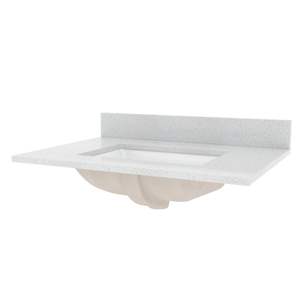 White speckled quartz 31-inch vanity top with matching low backsplash and rectangular undermount ceramic sink, shown from a front-angled view for a modern single-sink bathroom vanity.