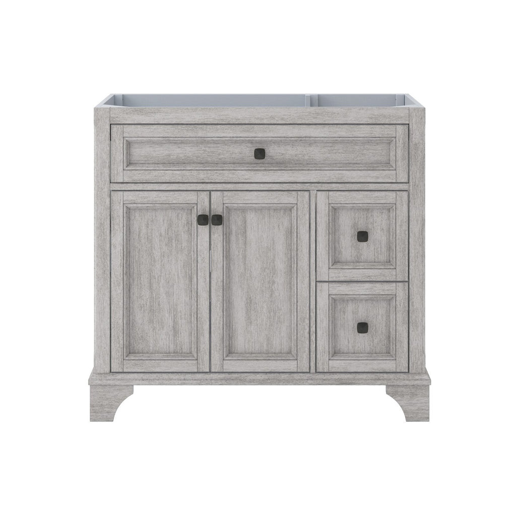 Front view of a 37-inch stone-gray solid-wood freestanding bathroom vanity with open top for a single sink, a full-width top drawer, double cabinet doors and two stacked right drawers, recessed panels and matte black square knobs.