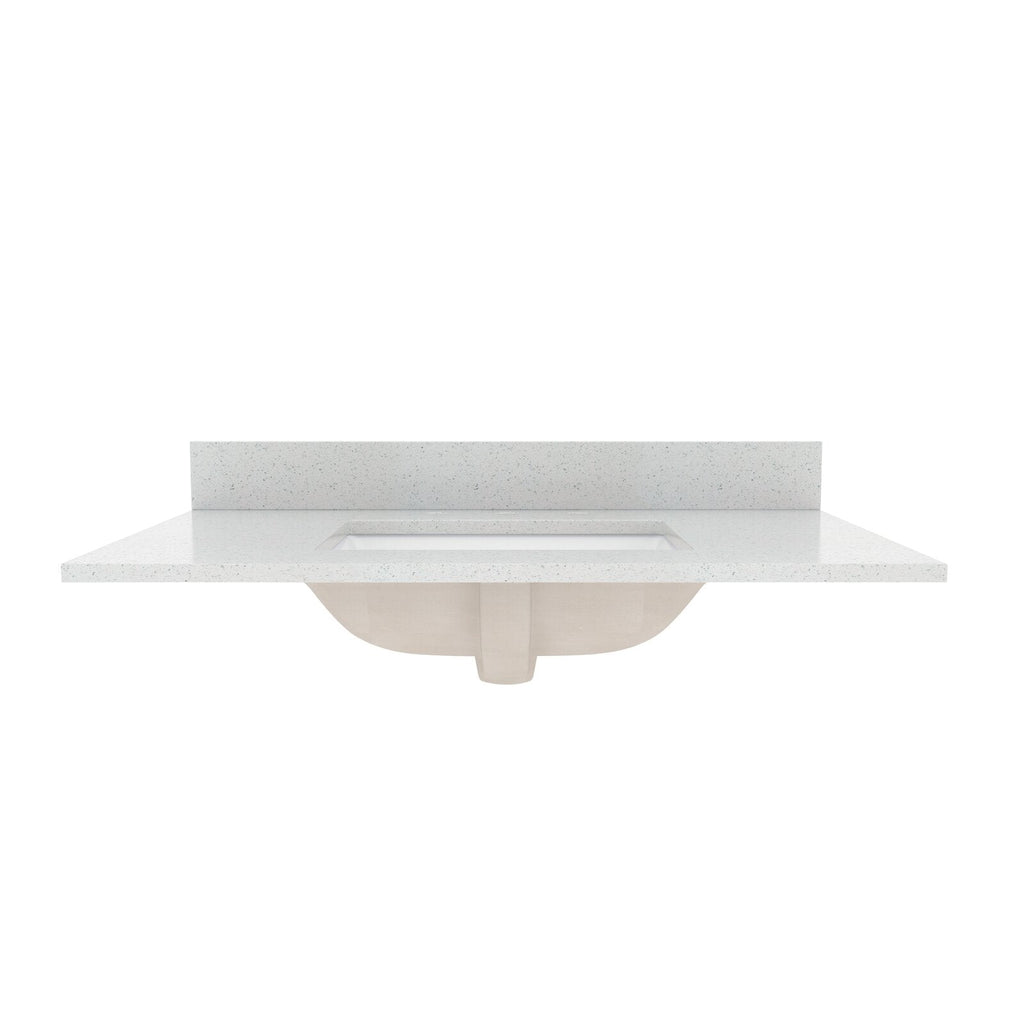 Front view of a stone-speckled vanity countertop in a stone finish with low backsplash and integrated rectangular ceramic undermount sink, showing the exposed beige basin underside in a modern contemporary style.