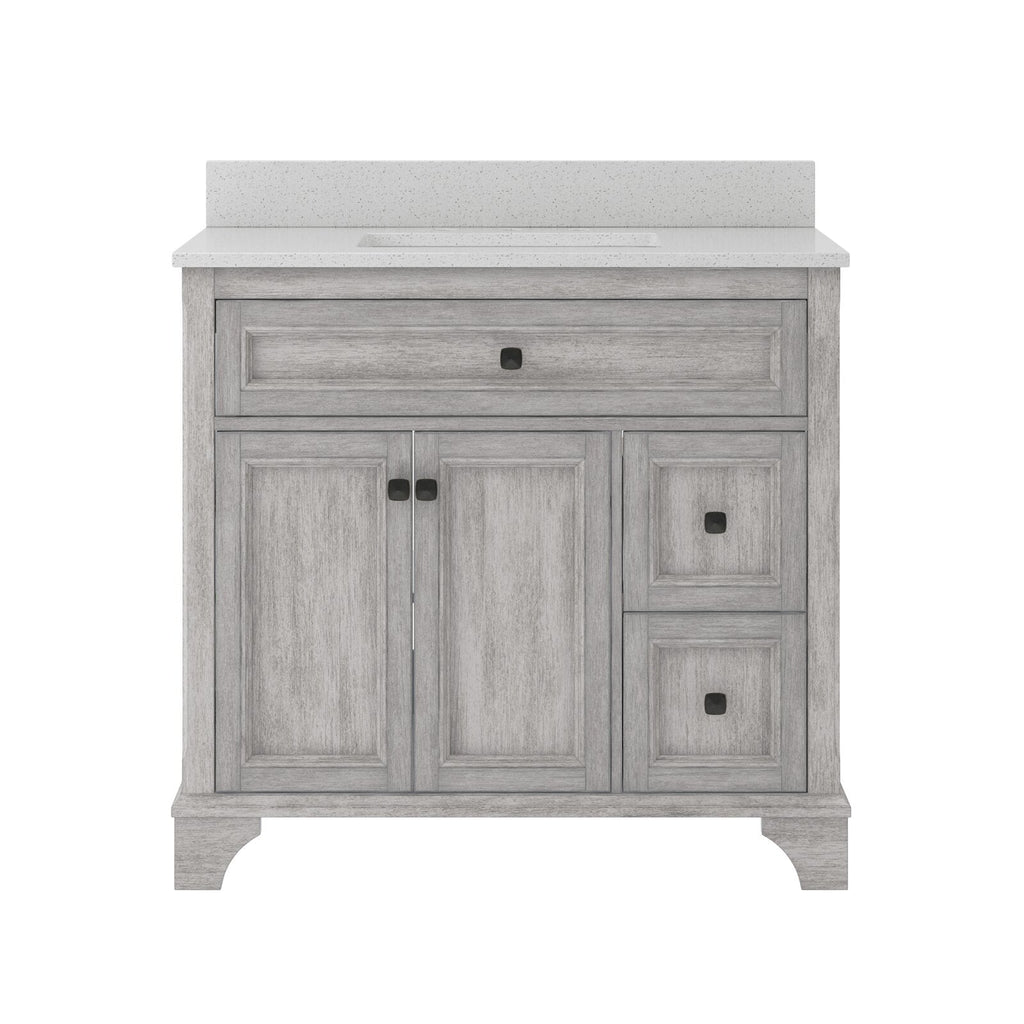 37-inch gray solid wood bathroom vanity with a speckled stone countertop and integrated rectangular sink; freestanding modern cabinet with center double doors, two stacked right drawers and a full-width top drawer with square dark knobs.