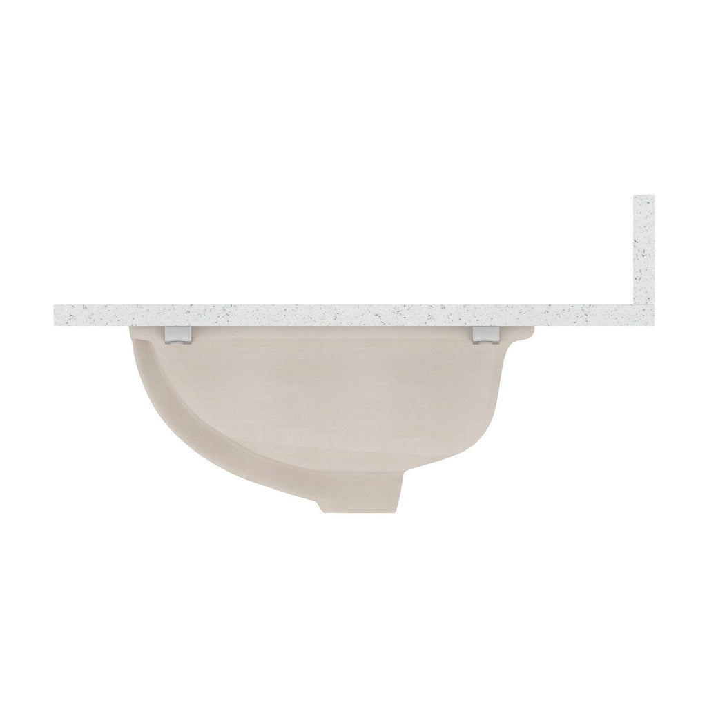 Underside view of a stone-colored ceramic undermount sink attached to a speckled stone vanity top with short backsplash and visible mounting clips.