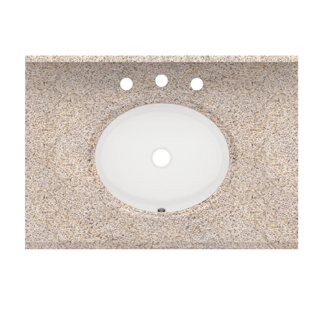 Top-down view of a beige speckled stone vanity countertop with a white oval ceramic undermount sink, center drain and three pre-drilled faucet holes.