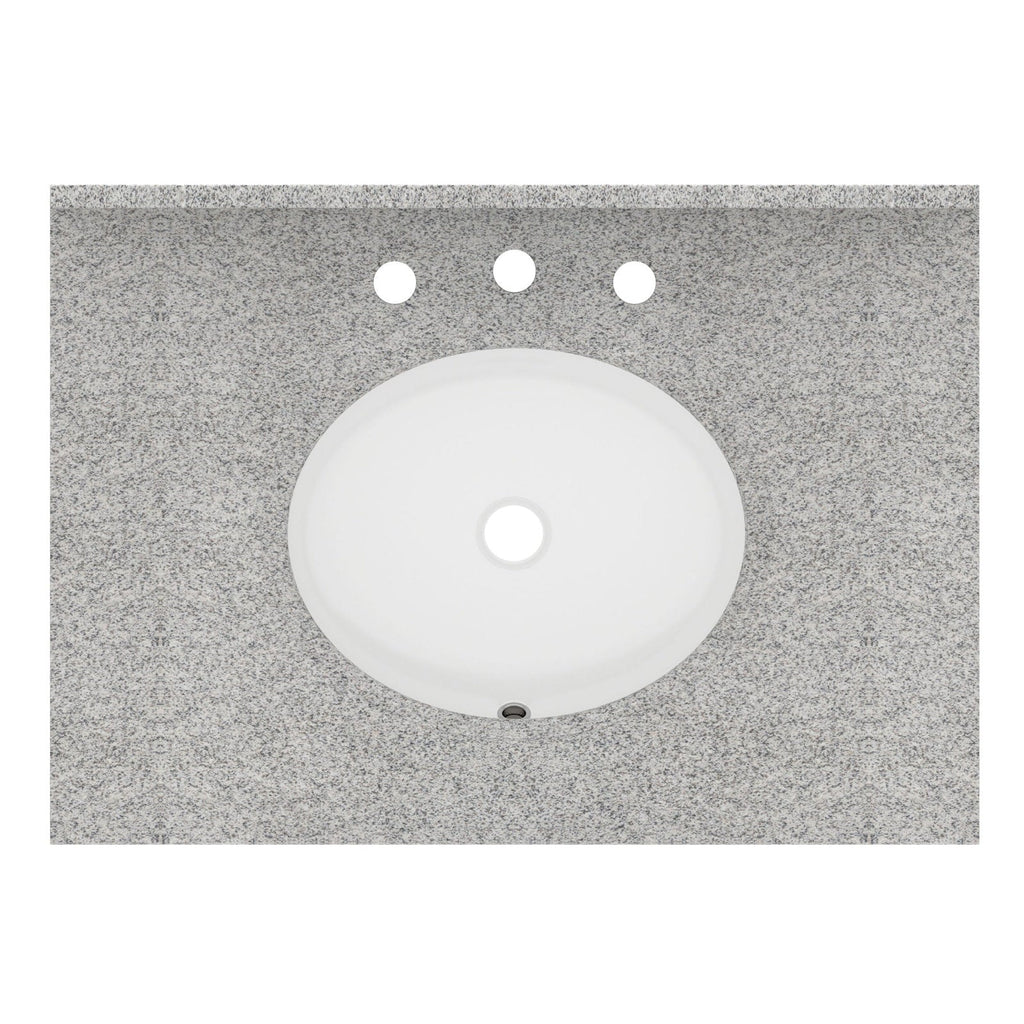 Top-down view of a speckled stone countertop with a white oval undermount ceramic sink, center drain and three pre-drilled faucet holes for a single-sink bathroom vanity.