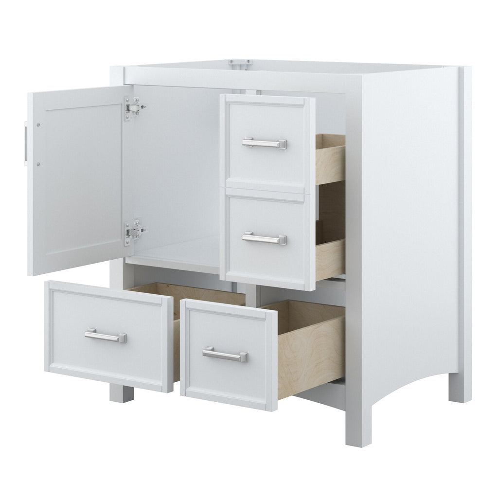 Modern white solid-wood 31-inch bathroom vanity shown freestanding with left cabinet door open and four drawers pulled out, revealing light natural wood interiors and brushed chrome rectangular handles.