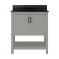 Freestanding 31-inch solid wood modern bathroom vanity with black quartz countertop and integrated rectangular sink, shaker-style double doors, black hardware and open lower shelf.