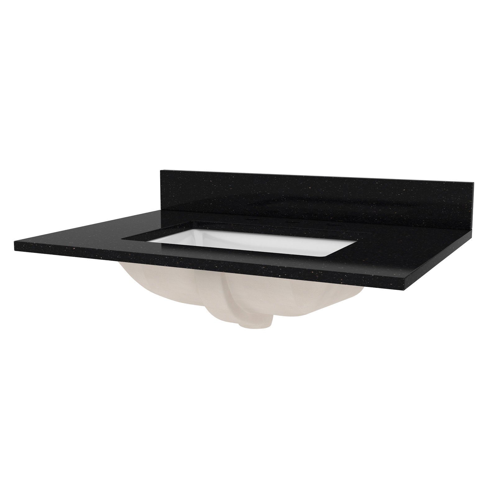 31-inch black speckled quartz vanity top with matching backsplash and rectangular white undermount ceramic sink visible from an angled view, modern contemporary style with a smooth, polished finish.