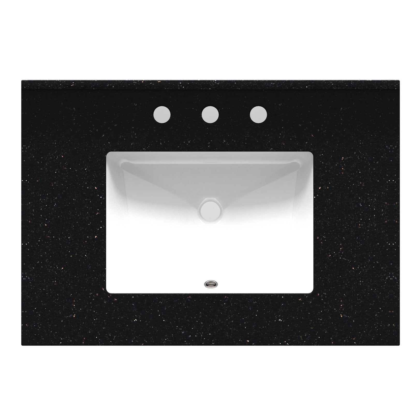 Top-down view of a black speckled quartz bathroom vanity top with a white rectangular ceramic sink inset, centered drain and three predrilled faucet holes for a centerset faucet.