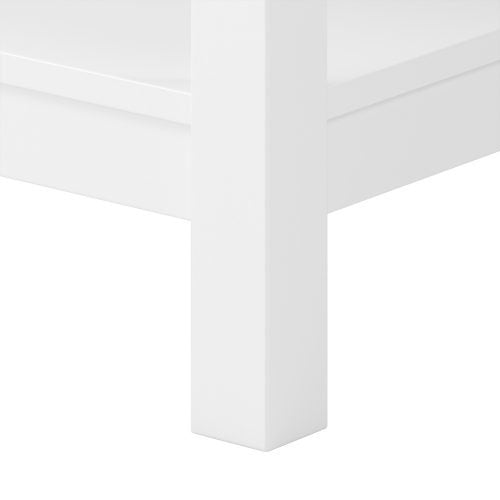 Close-up of a black solid wood vanity's square leg and lower shelf corner, showing a smooth painted finish and clean modern lines.