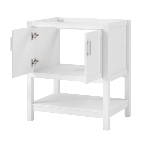 White freestanding 31-inch solid wood bathroom vanity shown with both cabinet doors open, an open lower shelf and single-sink countertop cutout; modern contemporary design with optional black quartz top.
