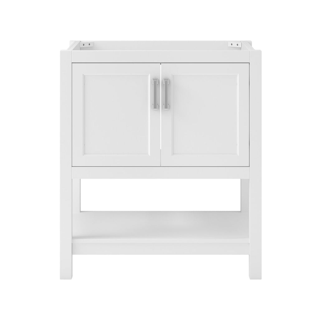 Freestanding 31-inch solid wood modern bathroom vanity in stone finish, featuring two paneled doors with metal pulls and an open lower shelf; cabinet shown without sink or countertop.
