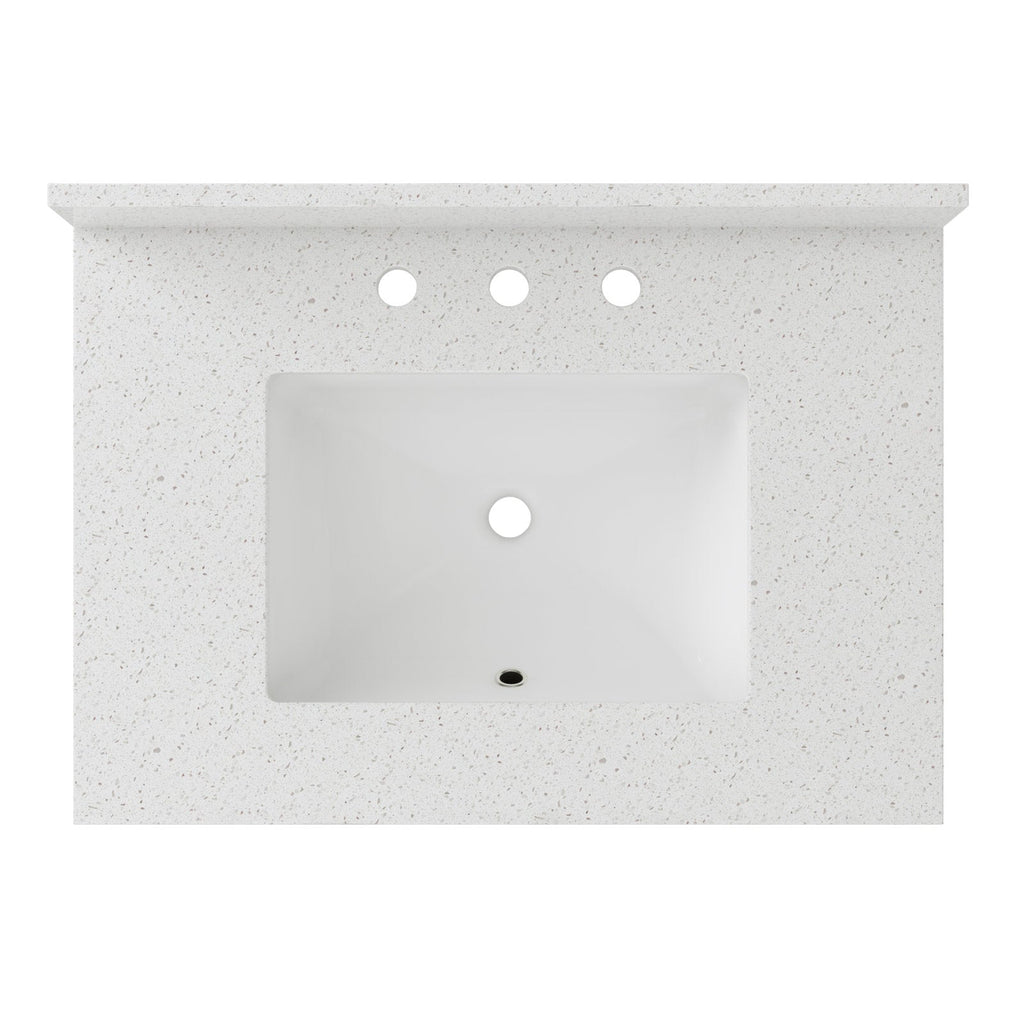 Top-down view of a speckled stone vanity top with a single rectangular white ceramic sink, three predrilled faucet holes across the back and a centered drain hole.