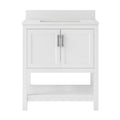 Front view of a modern 31-inch solid wood bathroom vanity in stone finish with a stone top and integrated rectangular ceramic sink, two shaker-style doors with metal pulls and an open lower shelf for storage.