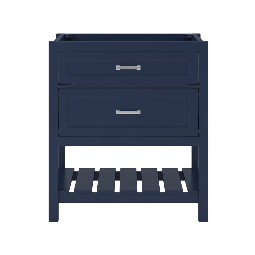 Stone-colored solid wood freestanding 31-inch modern bathroom vanity with two framed front drawers, chrome bar handles and an open slatted shelf at the base for storage.