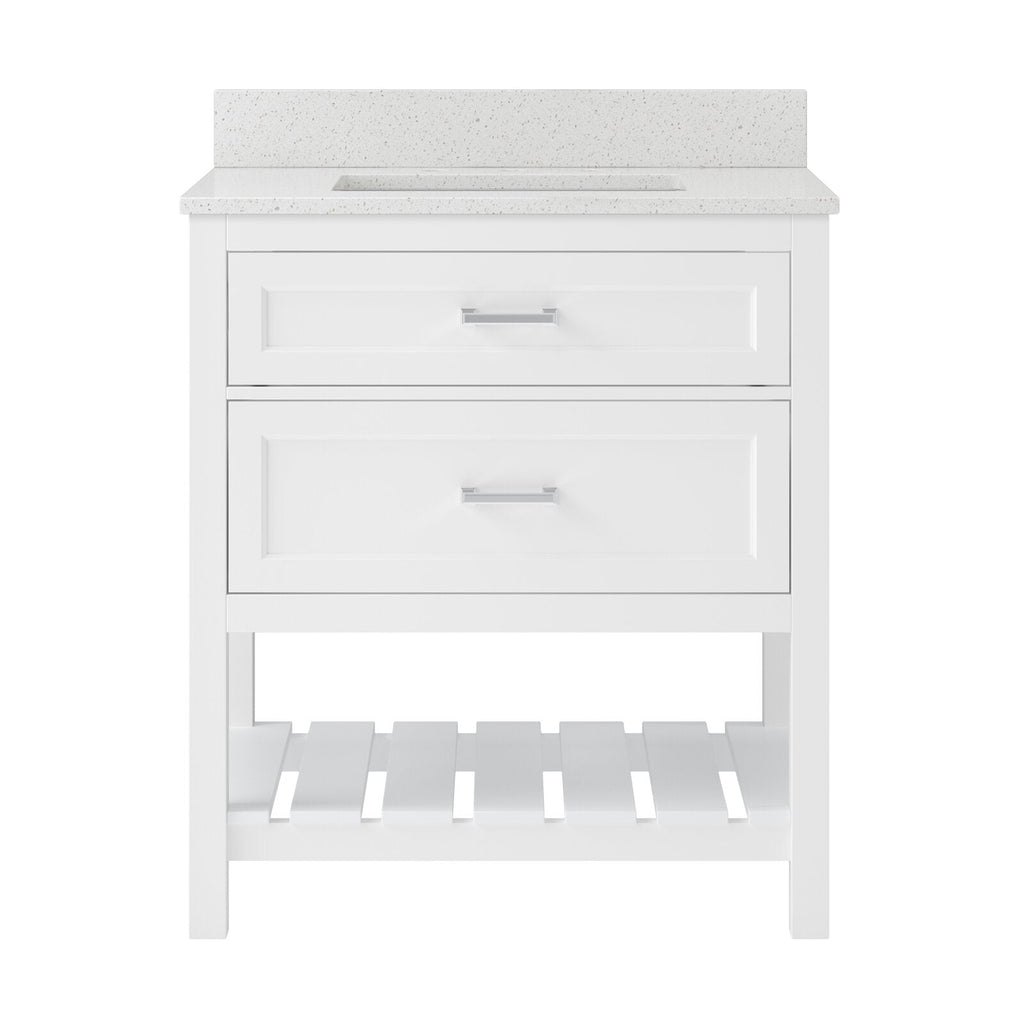Front view of a modern solid wood freestanding bathroom vanity in white with a speckled stone countertop, integrated rectangular single sink, two drawers with metal handles and a slatted open lower shelf.