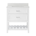 Front view of a modern solid wood freestanding bathroom vanity in white with a speckled stone countertop, integrated rectangular single sink, two drawers with metal handles and a slatted open lower shelf.