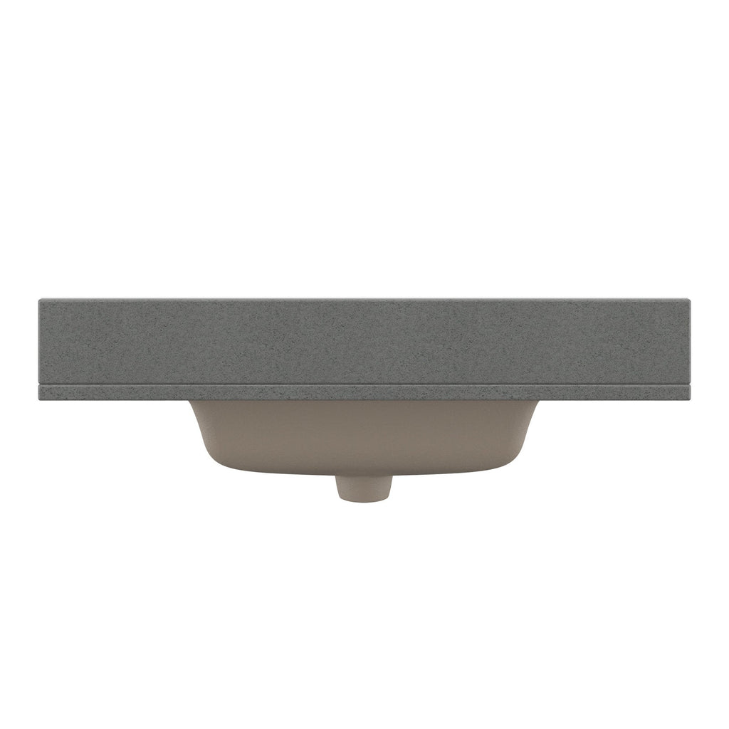 Front view of a stone-colored rectangular vanity top with an integrated beige ceramic undermount sink visible from below, showing the modern minimalist profile and smooth stone countertop edge.