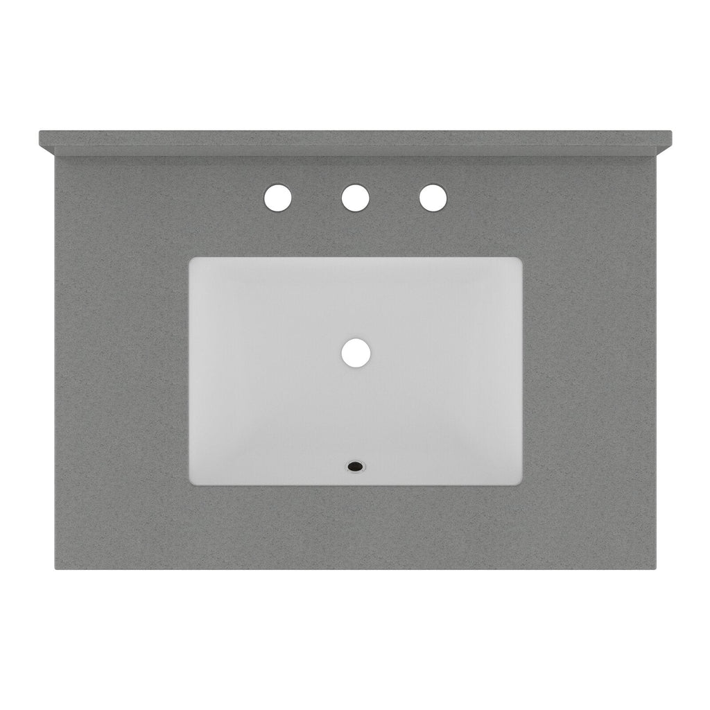 Top-down view of a stone-colored vanity top with a rectangular white ceramic sink, three predrilled faucet holes across the back and a centered drain and overflow.