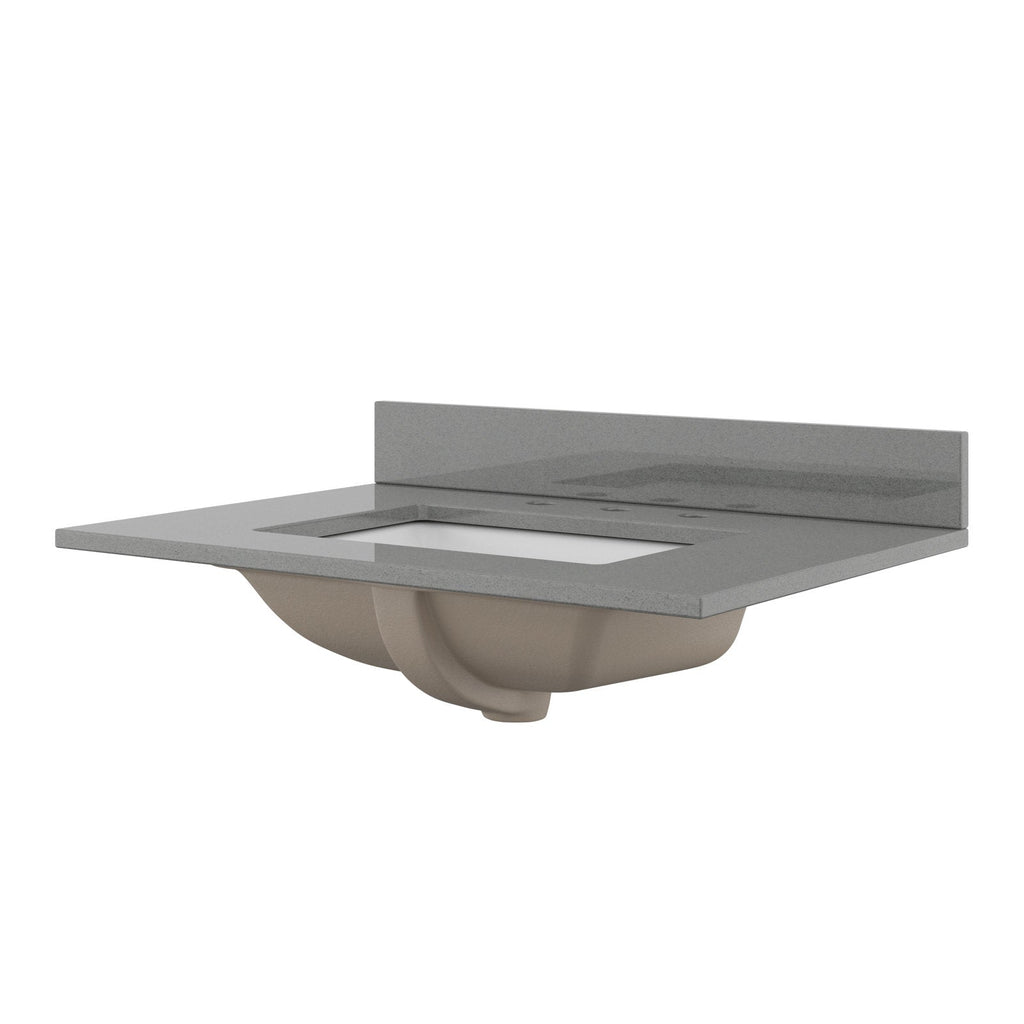 Stone-colored rectangular vanity countertop with matching low backsplash, pre-drilled three-hole faucet area and integrated rectangular undermount sink showing the beige ceramic basin underside.