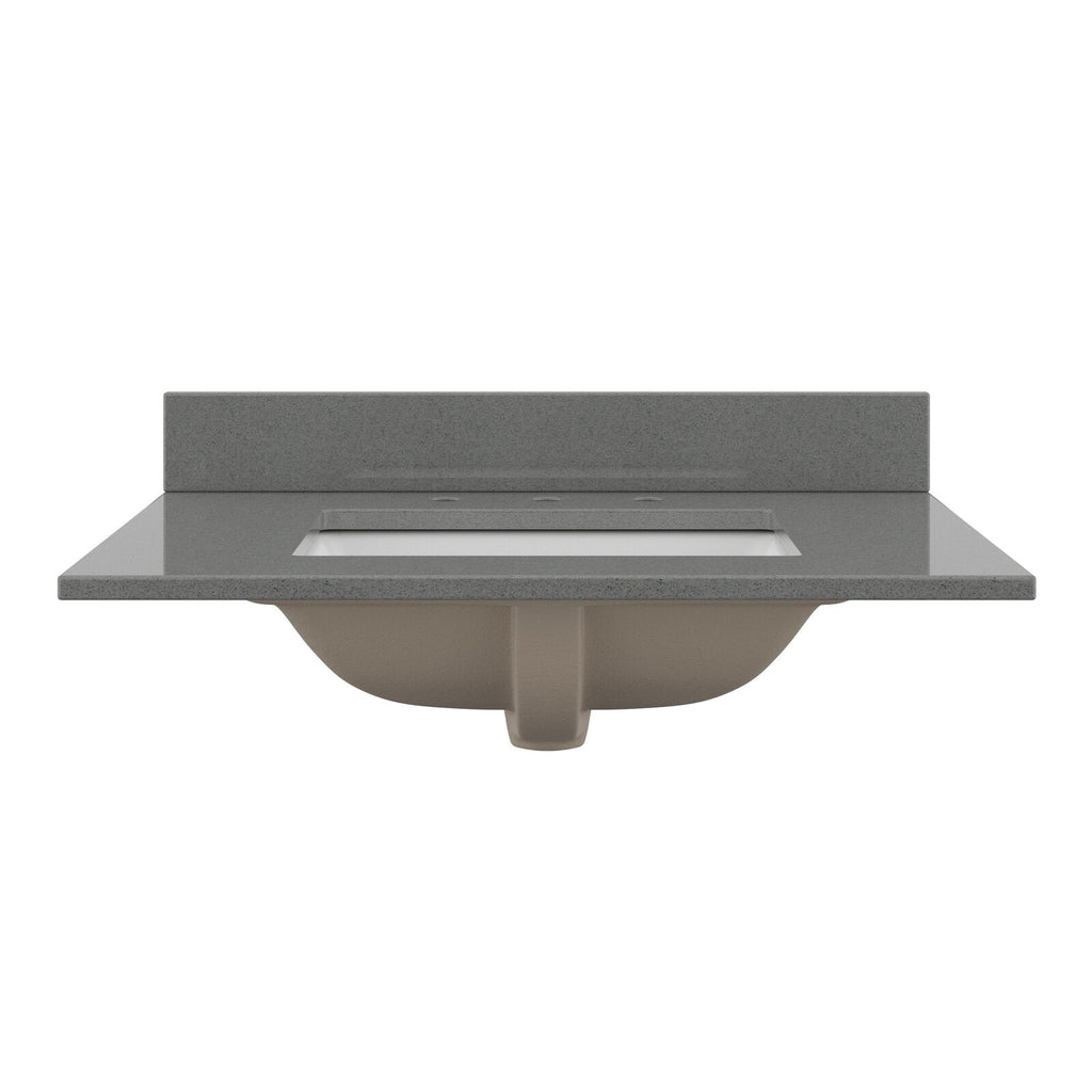 Front view of a stone-colored modern bathroom vanity top with low matching backsplash, rectangular undermount white ceramic sink, three pre-drilled faucet holes and the exposed underside of the basin.